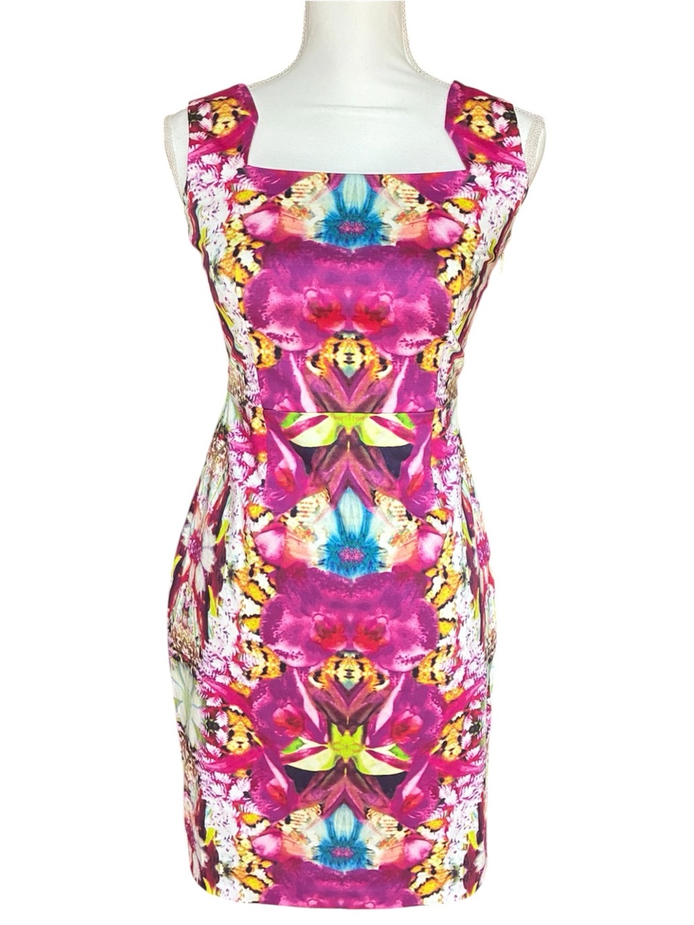 NWT Rachel Roy Vibrant Pink Orchid  Abstract Floral-Print Midi Sheath Dress Sz 2